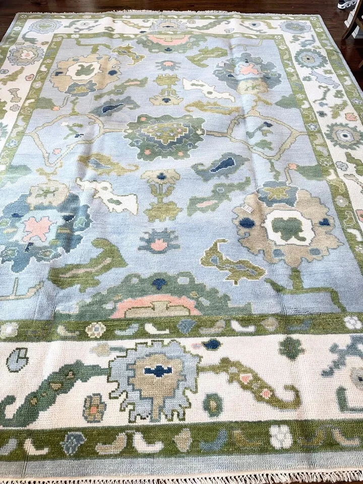 Green Blue Hand Knotted Oushak Rug Turkish Wool Area Carpet For Living Room 9x12 - Image 2 of 4