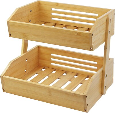 2 Tier Wooden Fruit Basket For Kitchen, Bread Vegetable Fruit Basket Bowl Stand,