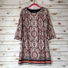 INC Intl Concepts Womens Small Red Black Printed Bell Sleeve Lined Shift Dress