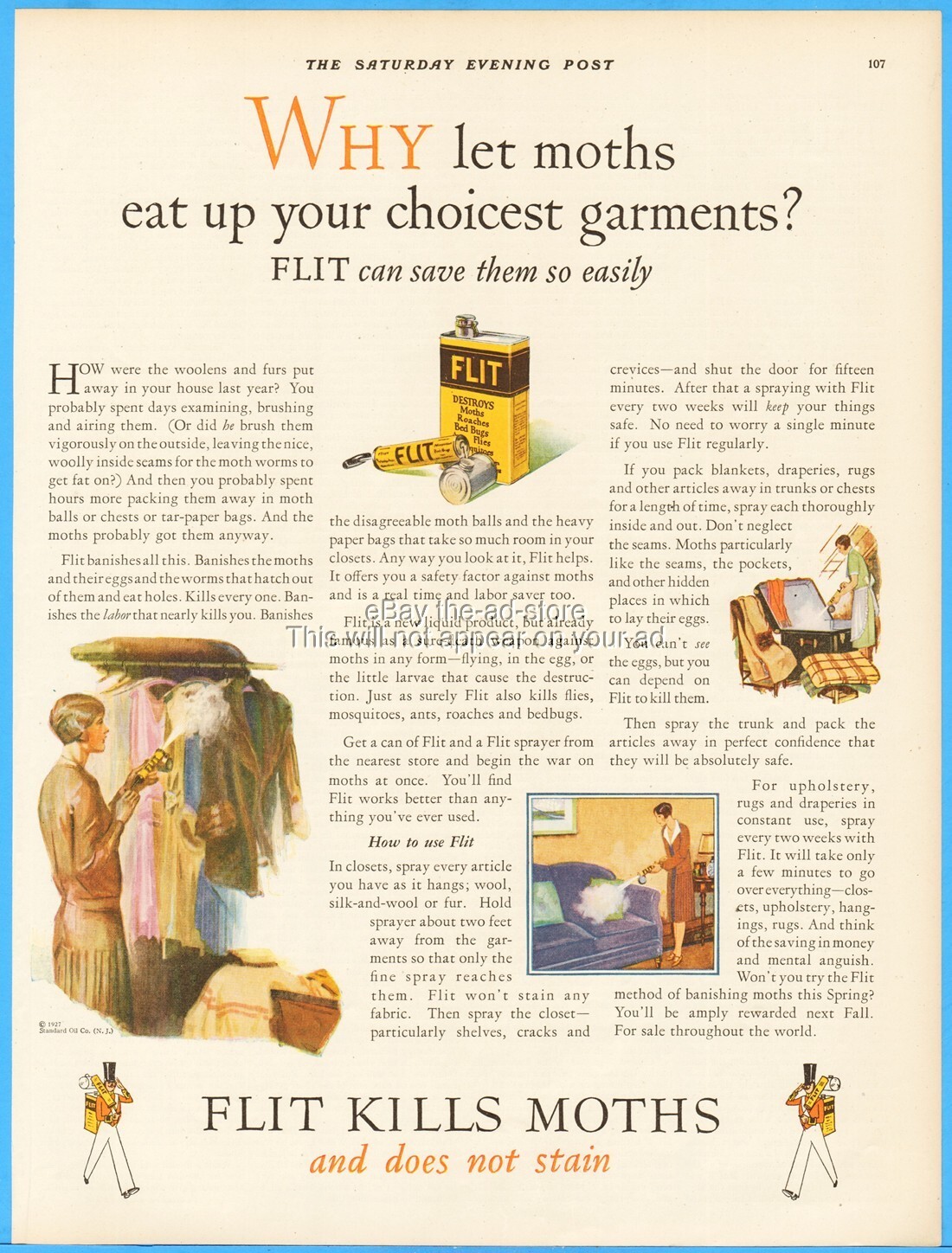 1927 FLIT Insecticide Vintage 1920's Print Ad Moth Roach Spray Carl Mueller Art