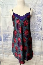 Vintage 90's Slip Dress DENTELLE Satin Nightgown Purple Berry Floral Embroidered