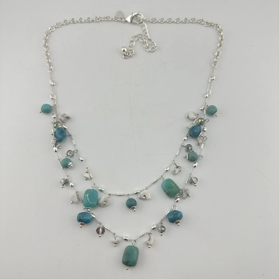23” Chico’s Silver Tone Double Strand Blue Acrylic $ Howlite Bead Necklace - Image 3 of 4