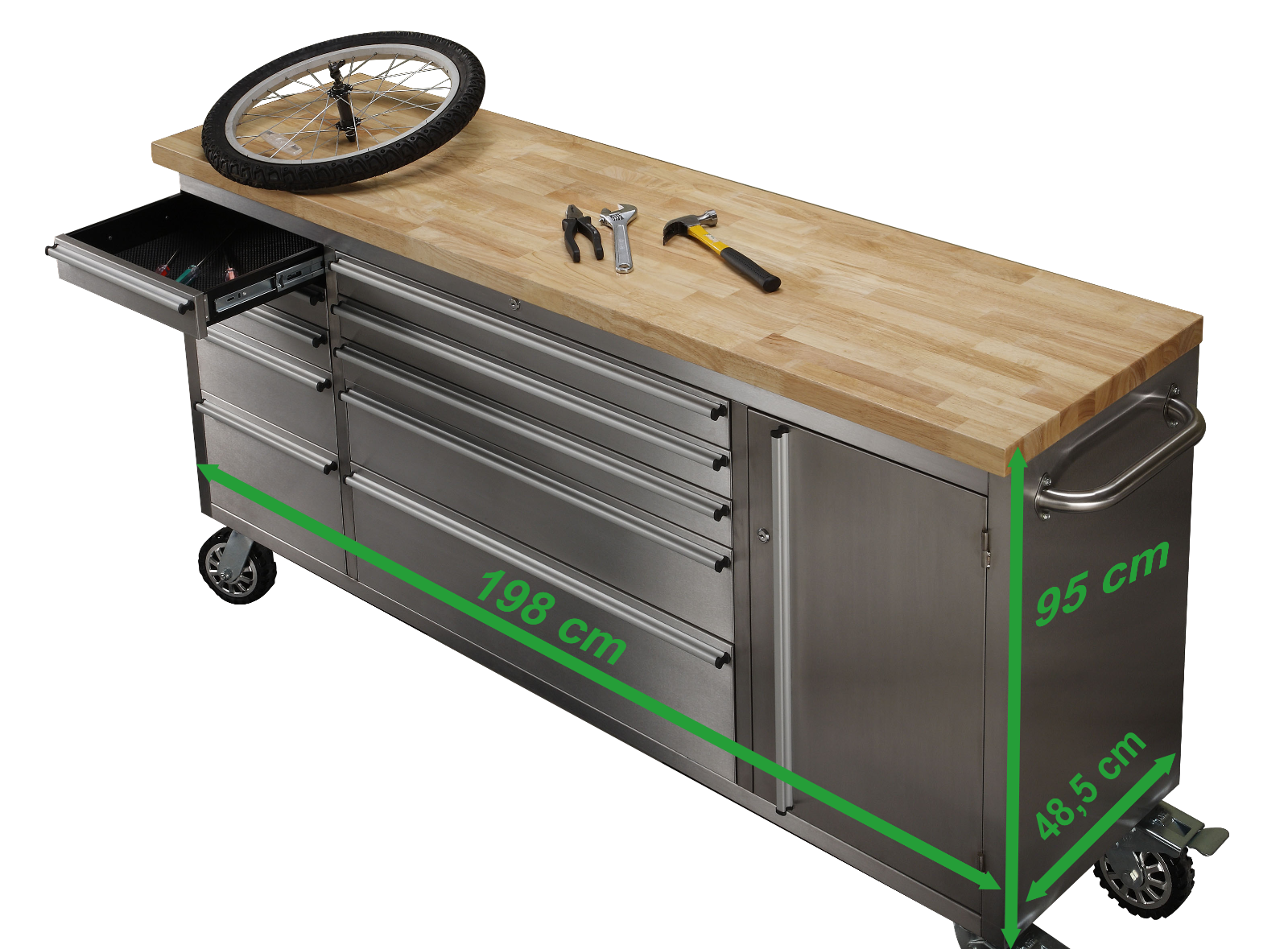 Werkzeugwagen Werkstattwagen Werkbank Edelstahl Massivholzplatte