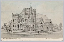 State~Service Goers Outside New Baptist Church~Spencer Ind~B&W~PM 1910 Postcard