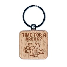 Playful Cat Time for a Break Nap Engraved Wood Square Keychain Tag Charm
