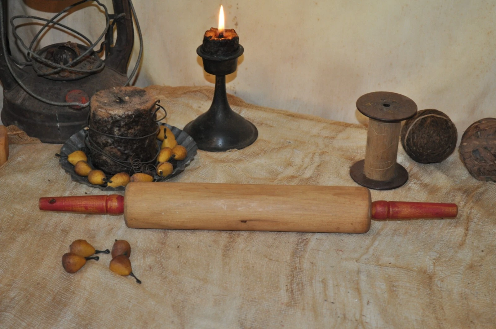 Wooden Rolling Pin Antique 17" Long Vintage Folk Art Nice Worn Red Handles