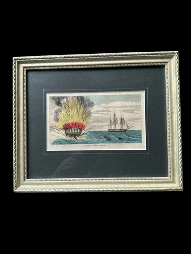 Framed Capture of Guerriere Antique Engraving H Bill 1859 Civil War Hand Colored