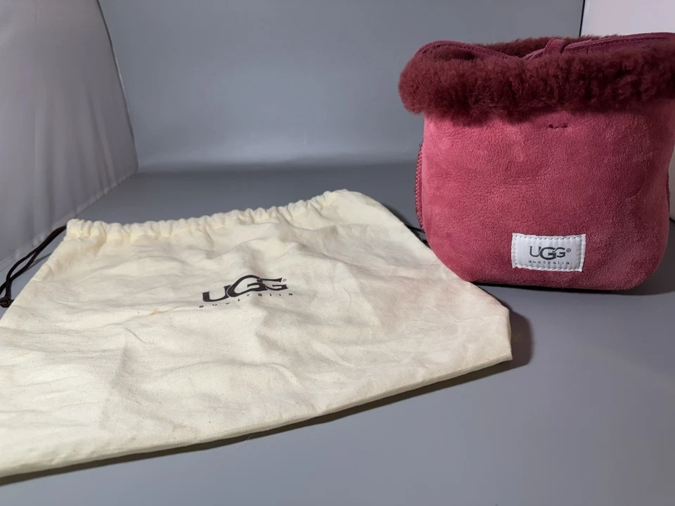 UGG Small Suede Shearling Puff Bucket Hand Bag Ruby Red/Burgundy