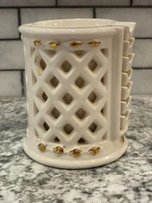 Vintage 1950's Ceramic Ashtrays Set of 6 w/Holder Trimmed in Gold.