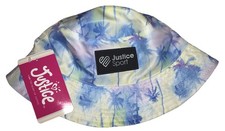 JUSTICE SPORT GIRL S BUCKET HAT BLUE WHITE LAVENDER TIE DYE WITH PALM TREES NWT