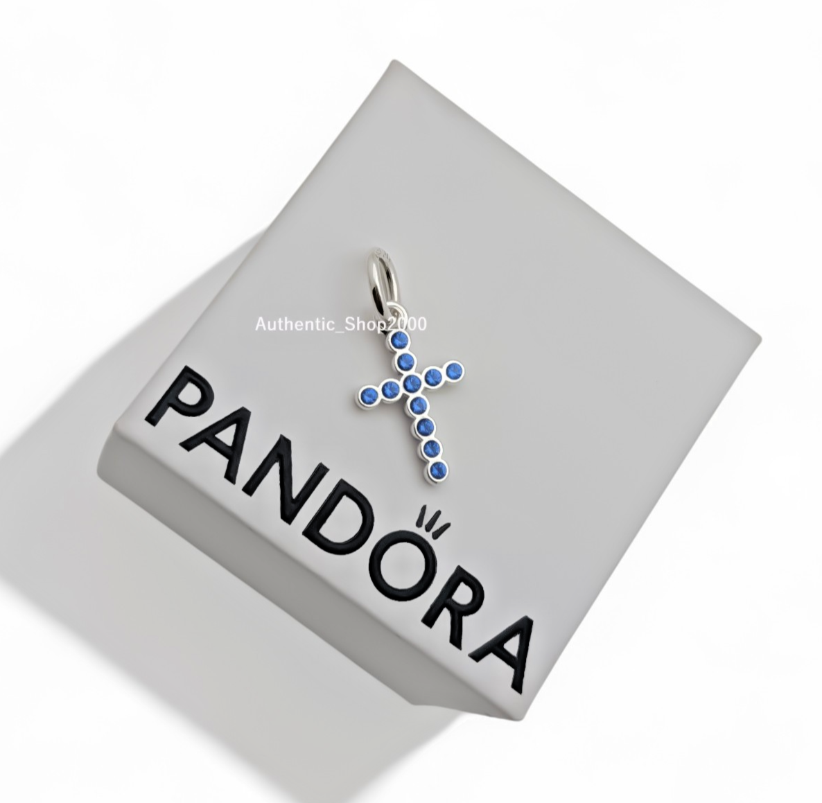 New 100% Authentic PANDORA 925 Silver Blue Crystal Cross Pendant