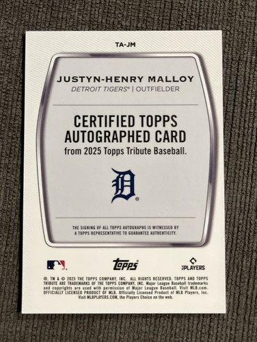 2025 Topps Tribute Justyn- Henry Malloy Purple Auto /50 RC #TA-JM - Picture 2 of 2