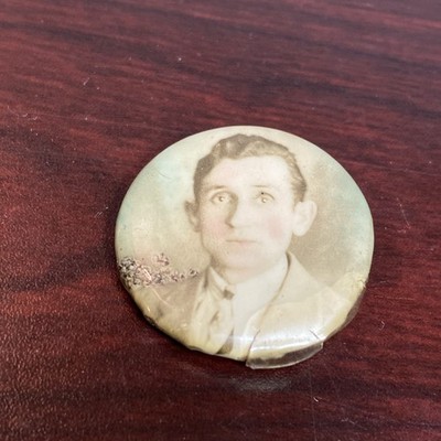 Antique Young Man Celluloid Mourning Photo Pin Button Victorian Momento Mori