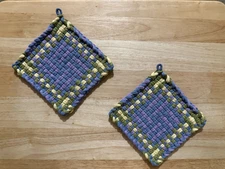Handmade 2 Beautiful Cotton Woven Potholders Hydrangea Lavender Daffodil Leaf