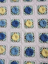 Handmade Crocheted White Granny Square Afghan 3D Blue, Yellow, Roses