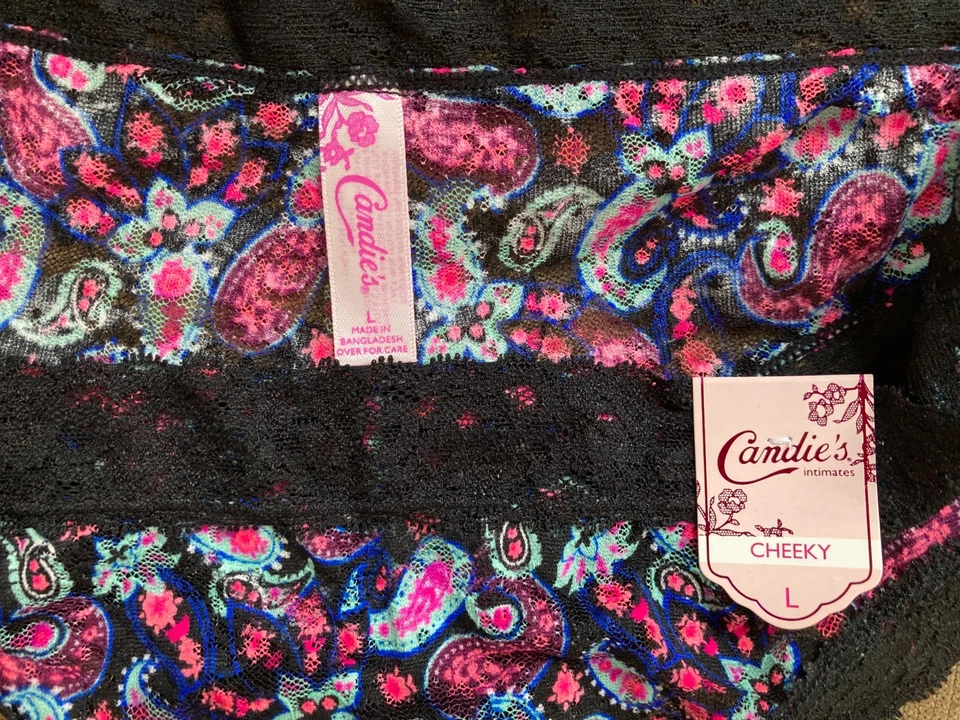NUEVO CON ETIQUETAS CANDIE'S Intimates Micro Encaje Cheeky Panty Negro Paisely Grande Foto 2 de 4