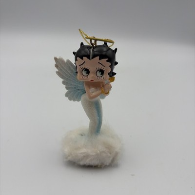 2007 Betty Boop Angel Figurine White & Blue Plastic w/ Glitter Wings & Dress