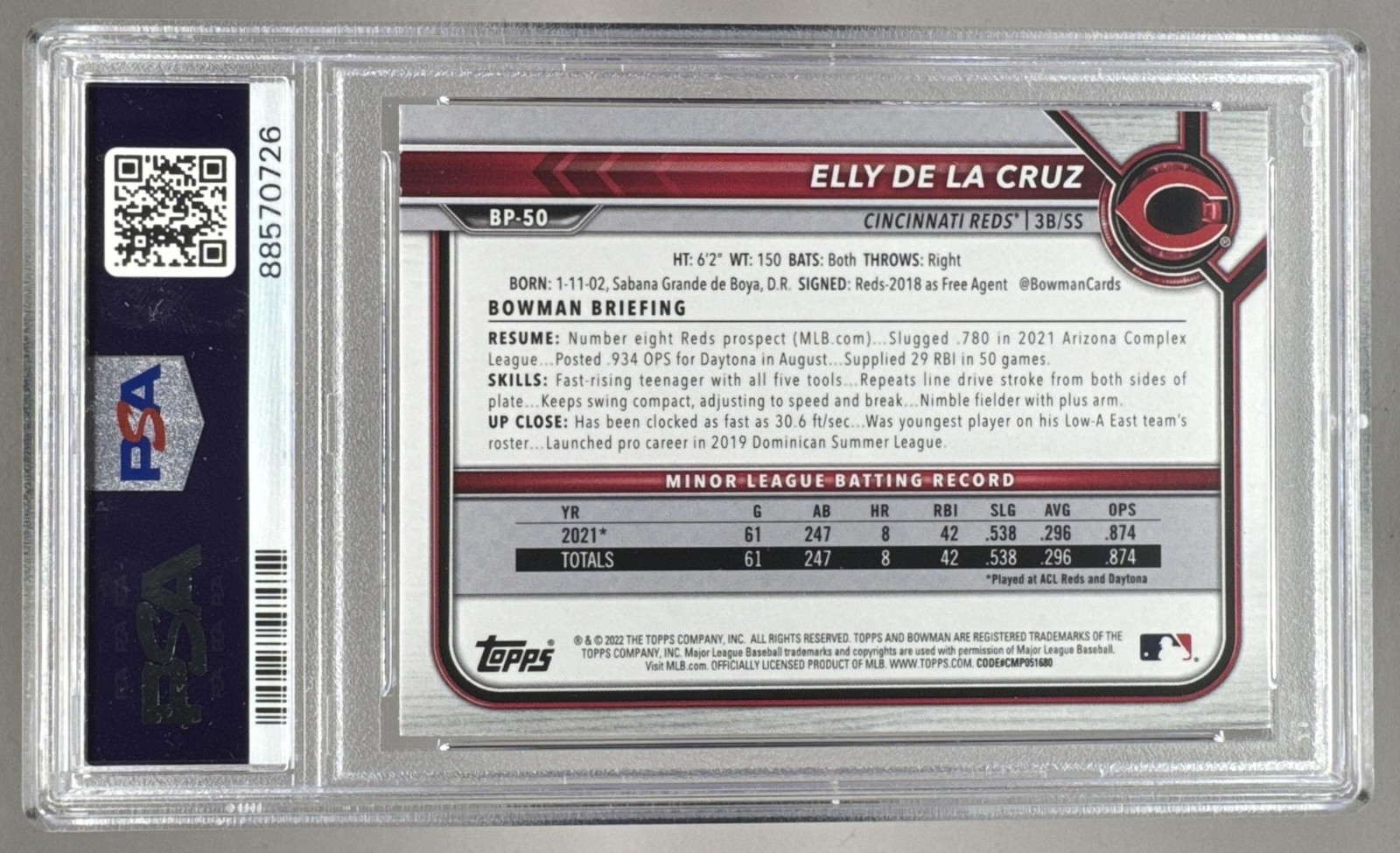 88570726 Elly De La Cruz 2022 Bowman #BP-50 Rookie 1st RC PSA 10 view 2