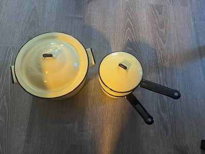 Enamelware Yellow Double Boiler , Stock Pot With Lids Set Vintage  5 piece Set
