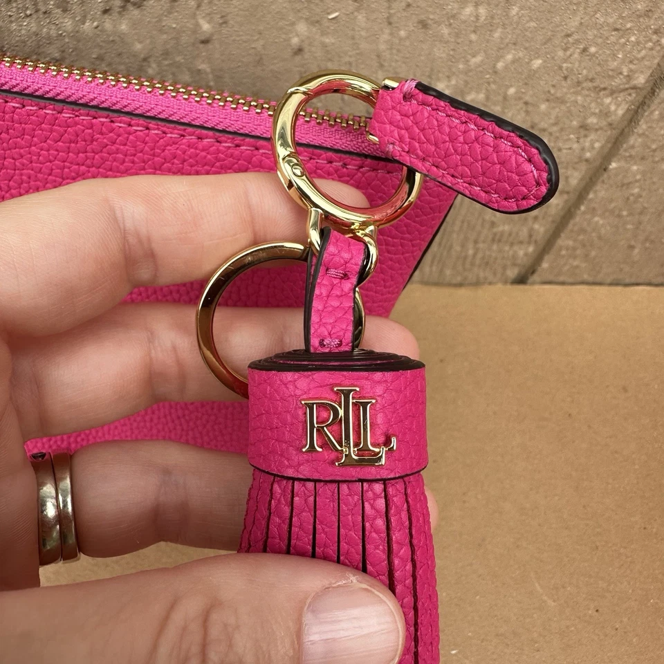 New Lauren Ralph Lauren Leather Cosmetic Pouch Tassel Pink Gold Makeup Bag - Image 4 of 4