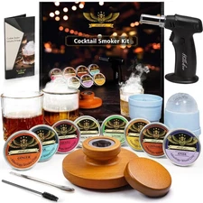 Cocktail Smoker Kit with Torch - 2 Whiskey Glasses 2 Ice Ball Molds 8 Flavor Ora
