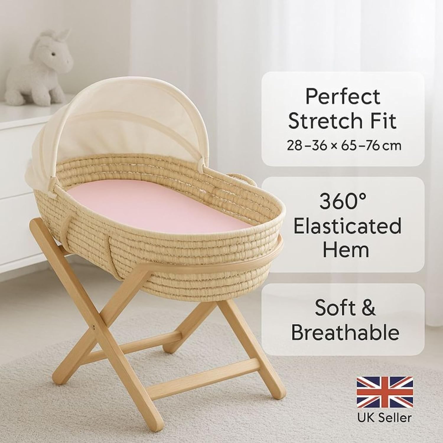 Lenzuolo con angoli in cotone rosa elasticizzato Moses Basket - Perfetto per il comfort del bambino foto 4