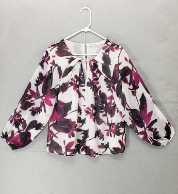 Calvin Klein Blouse Women Large Sheer Floral Long Sleeve Top Elegant Dressy Work