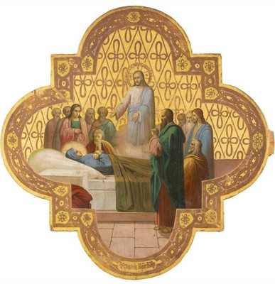 Dormition of the Virgin Icon   1875 Palekh School, Unique Quatrefoil Panel