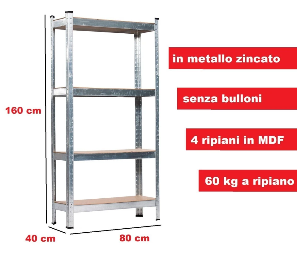 Scaffale in Metallo 4 Ripiani Rinforzati in MDF 4 mm Portata 60 Kg cm 80X40X160h - Immagine 2 di 4