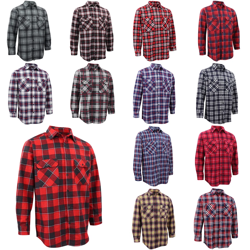 Men's 100% Cotton Flannelette Shirt Long Sleeve Plaid Check Flannel w Pockets