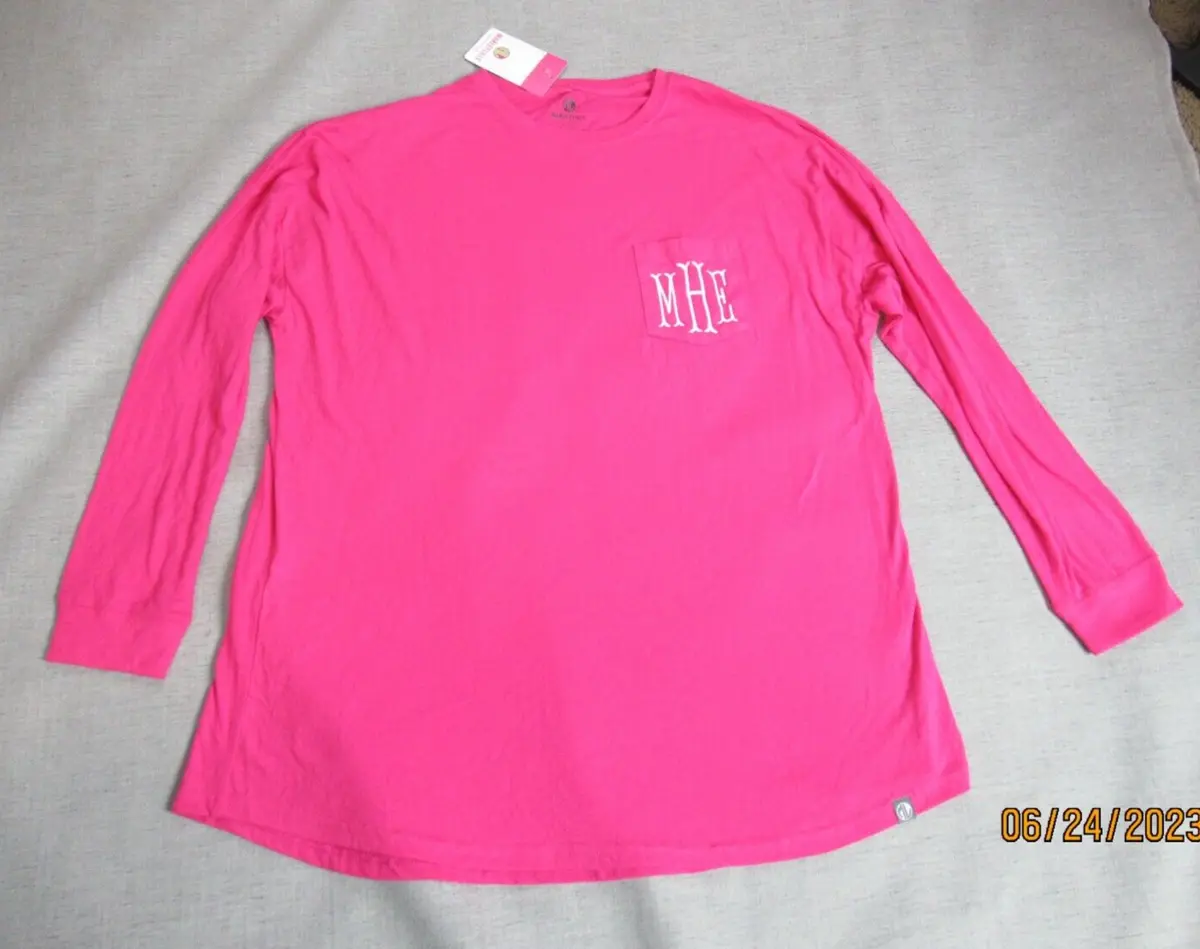 Marley Lilly Womens Top L/XL Pink Long Sleeve Crew Neck Monogram Pocket MHE  NWT