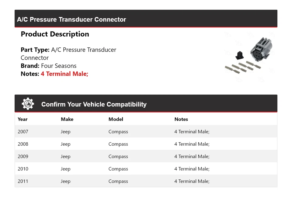 Conector transductor de presión de aire acondicionado Jeep Compass 2007-2011 4 estaciones 2008 2009 Foto 2 de 4