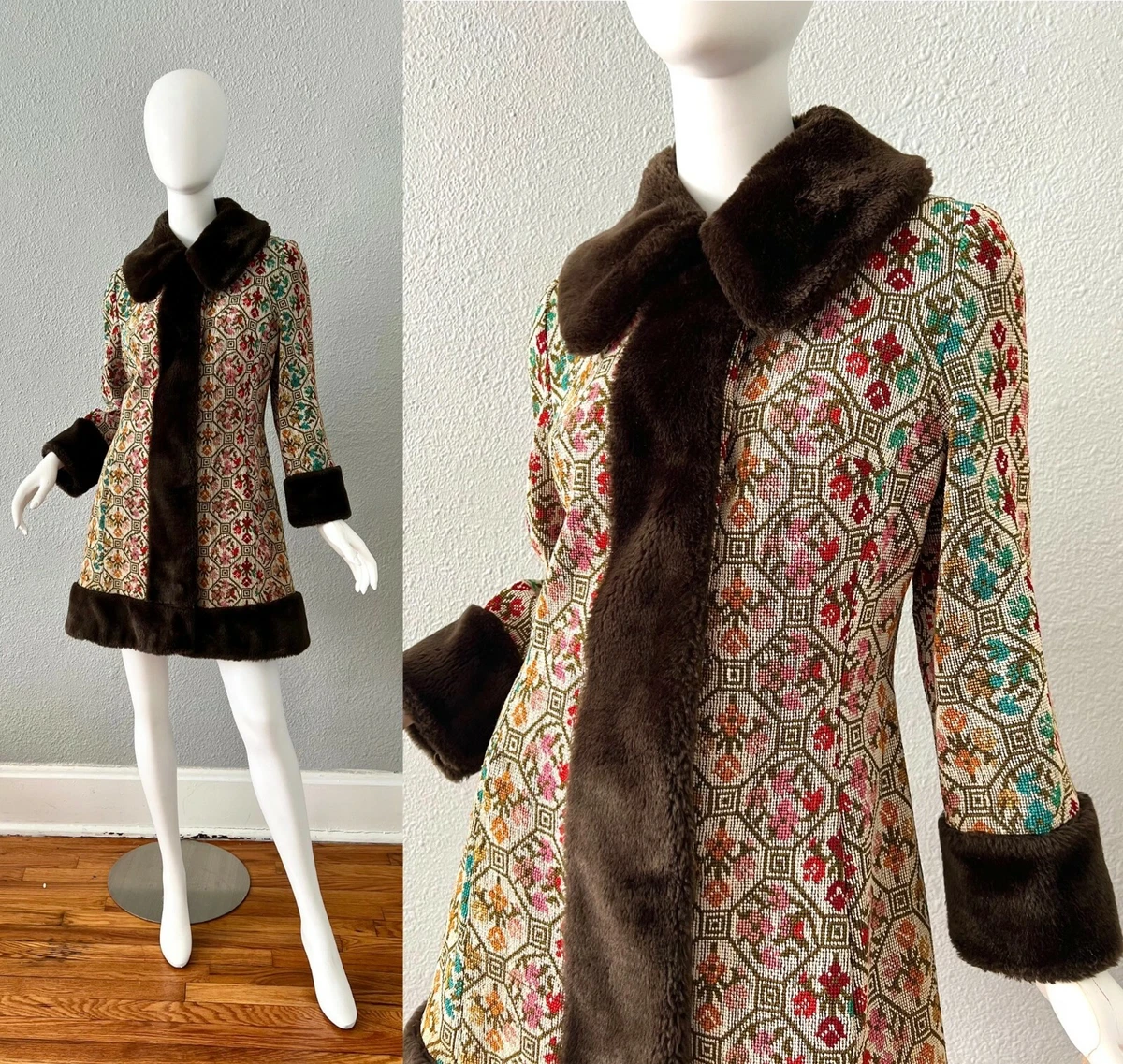 Vintage 60s 70s Tapestry Russian Princess MOD Vegan Fur Trim Coat XS