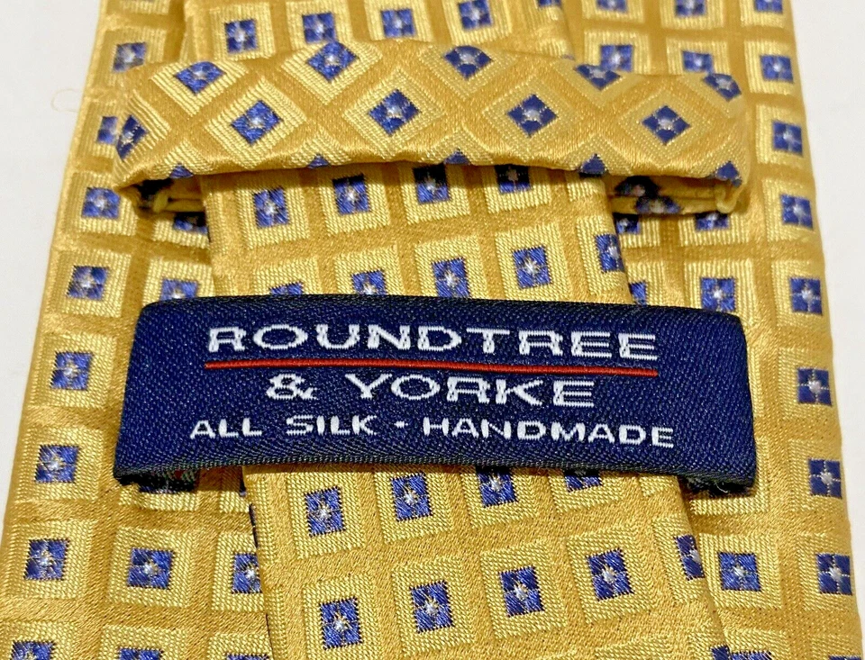 Corbata Roundtree & Yorke dorada y azul marino hecha a mano 100 % seda 56" oficina negocios Foto 4 de 4