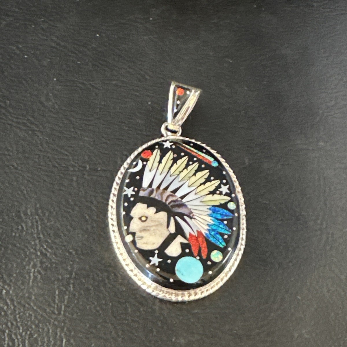 Turquoise Navajo Sterling Silver IndianHead MultiColor Inlay Pin