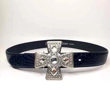 Nocona Belt Co. Croc Embossed Leather Chunky Jeweled Cross Buckle Belt L