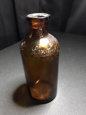 Vintage Amber Brown Glass Lysol 5 1/2  Tall Bottle Embossed Script Cursive USA