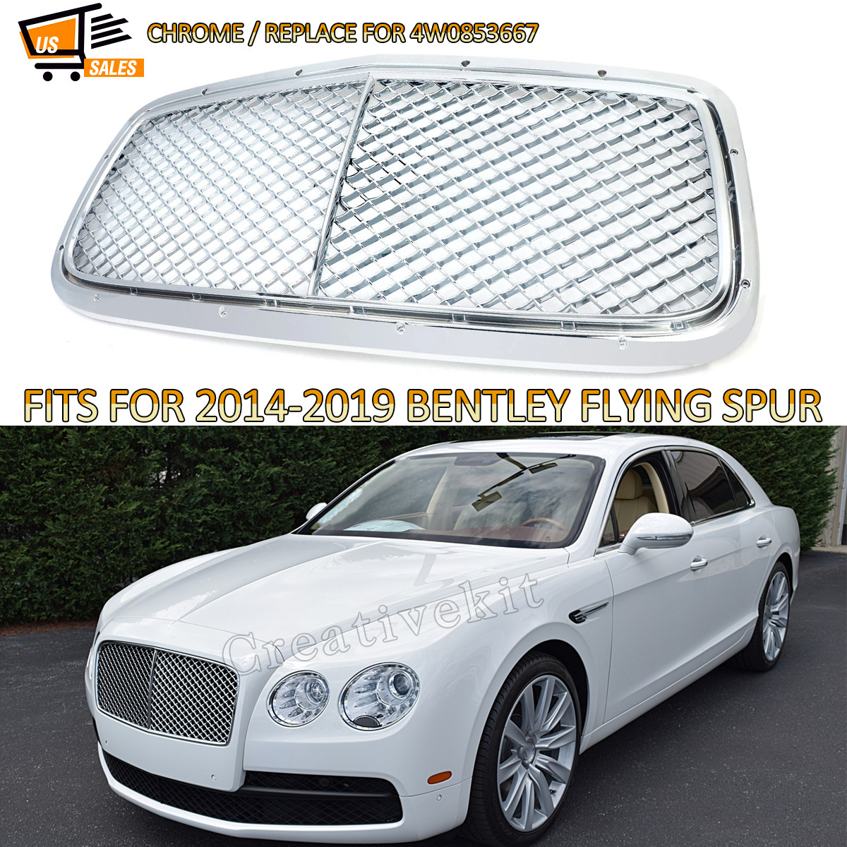 Chrome Upper Mesh Grille Assembly For 2014-2019 Bentley Flying Spur V8 W12 Base