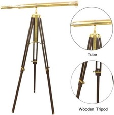 Antique Golden Floor Standing Brass 39 Inch Telescope W/Wooden Tripod Stand