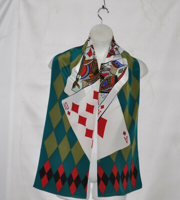 Bob Mackie Wearable Art Playing Cards Oblong Silk Scarf W/Gift Box--Green Multi