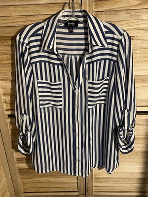 By & By Women s Size XL Button Up White & Blue Stripe Blouse Roll Tab Sleeves