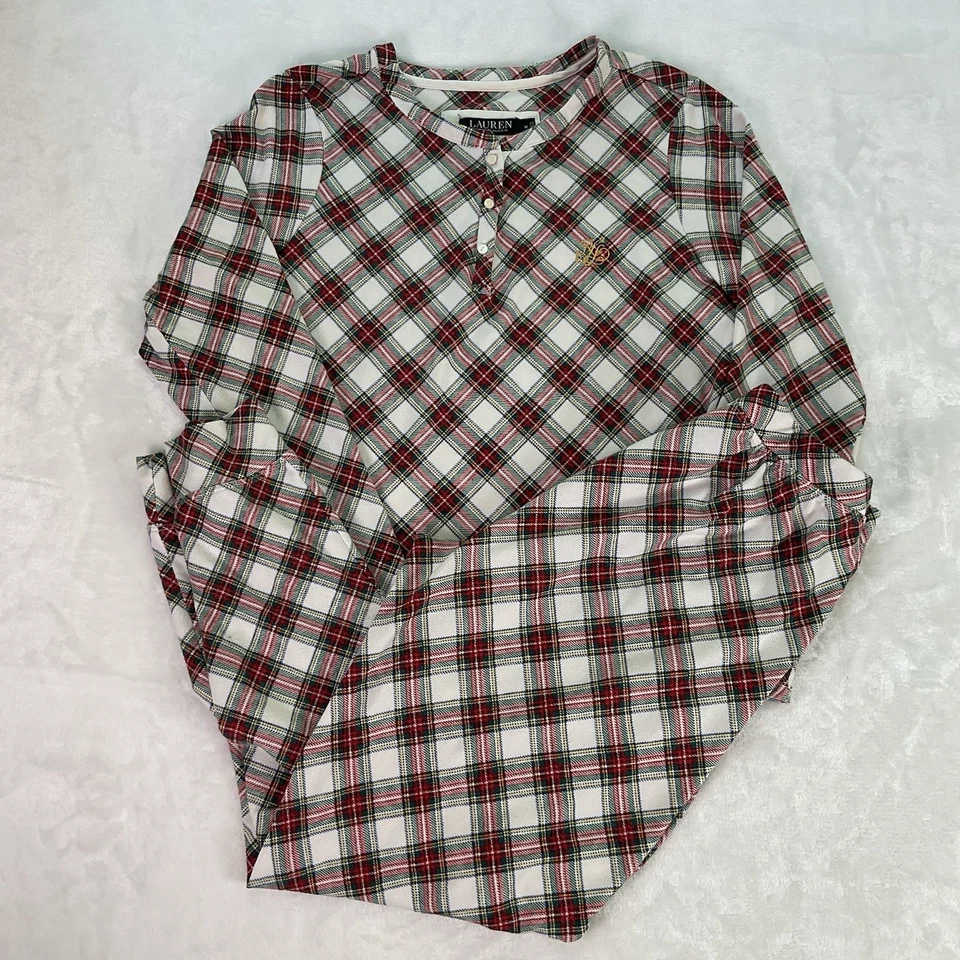 Lauren Ralph Lauren Plaid Pajama 2 PC Set SZ Medium Comfort Stretch Red White - Image 2 of 4