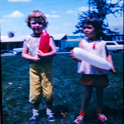 c1964 Girls Holding Balloons Outdoor Summer 35mm Photo Slide Blur Suburban Vtg