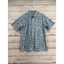Reyn Spooner Button Down Shirt Men XL Blue Tropical Block Print Hawaiian Classic