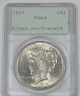 1923 Silver Peace Dollar CERTIFIED PCGS MS 64 Old Green "Rattler" Holder