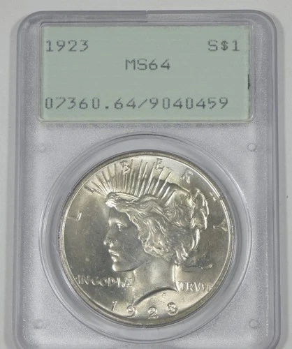 1923 Silver Peace Dollar CERTIFIED PCGS MS 64 Old Green "Rattler" Holder