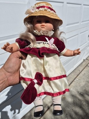 Vintage Fiba Doll Peasant Vinyl Doll 16'' Tall Jointed Big Blue Eyes Blonde Hair