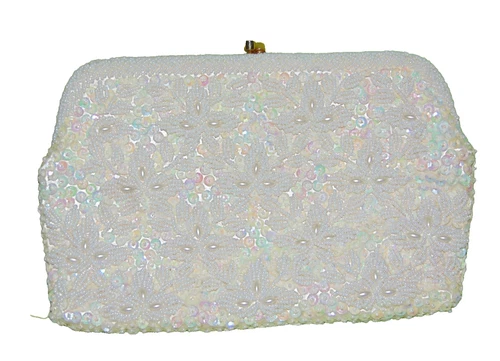 Vintage White Beaded Sequin Clutch Purse 8.5x5.5 Hand Made Hong Kong