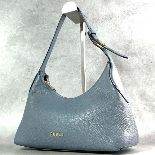 FURLA Danae Shoulder Bag Blue Gray Leather Gold Logo Women's Handbag