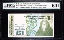 Ireland 1981- 1 Pound - P-70b - (1978-81) - Graded by PMG at UNC-64 EPQ Choice